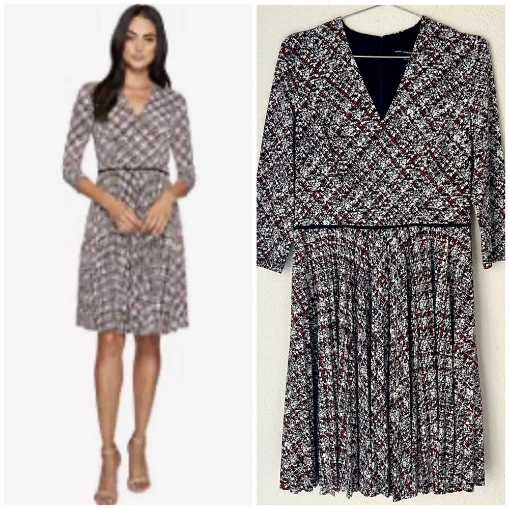 Maggy London Grid Plaid Geometric Print Accordion Pleated Fit & Flare Dress